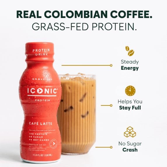 Iconic Protein Drinks, Café Latte (12 Pack) - Sugar Free & Low Carb - 20g Protein + 100mg Caffeine - Lactose Free, Gluten Free - Keto Friendly Protein Coffee