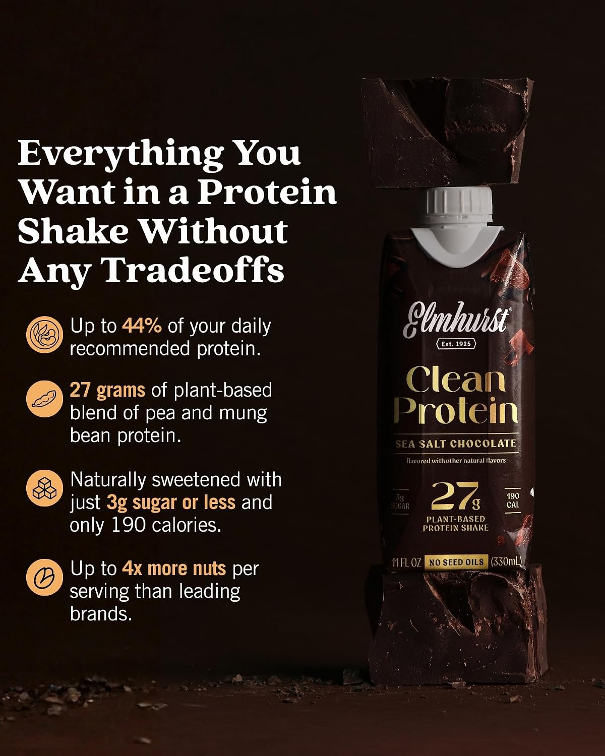 Elmhurst 1925 Sea Salt Chocolate Vegan Protein Shakes, 11 Ounce (12-Pack)