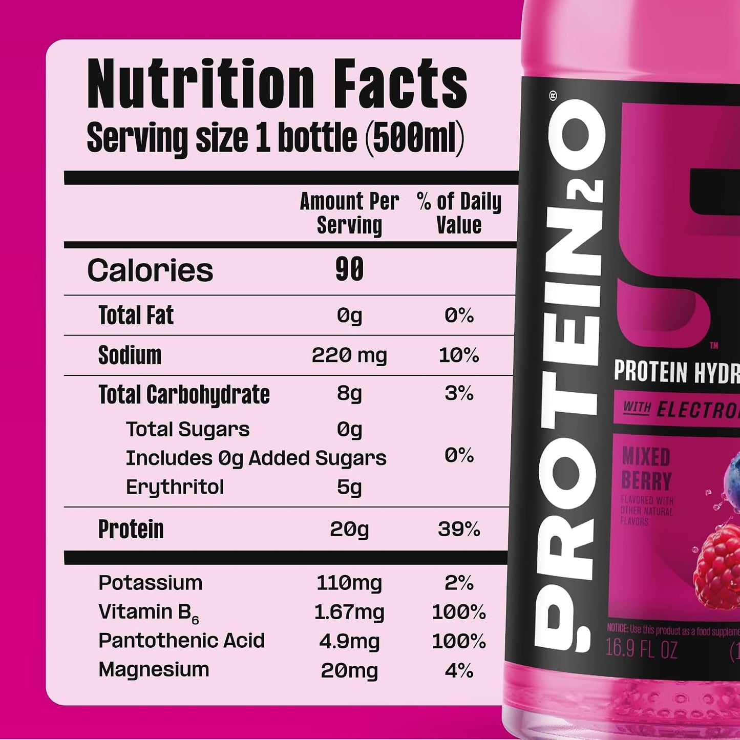 Protein2o Hydration Drink - 2-in-1 Liquid Clear Whey Protein Isolate and Electrolyte Drink - 20g Protein, Vitamins B5, B6 - Post-Workout Recovery - 16.9 Fl Oz - 12 Count Mixed Berry