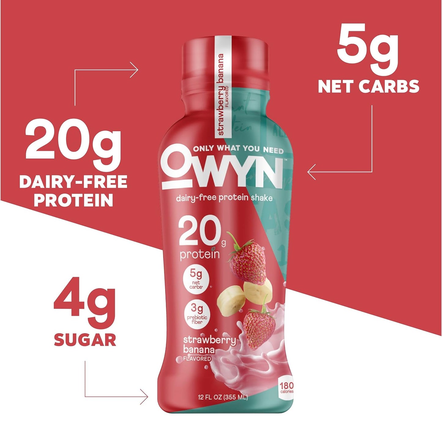 OWYN Only What You Need 20g Protein Shake Variety Pack, Dairy Free, 12 Ct | Strawberry Banana, Dark Chocolate, Smooth Vanilla, 20g Protein, 4g Sugar, Plant Protein, Gluten Free, 12fl oz Bottles