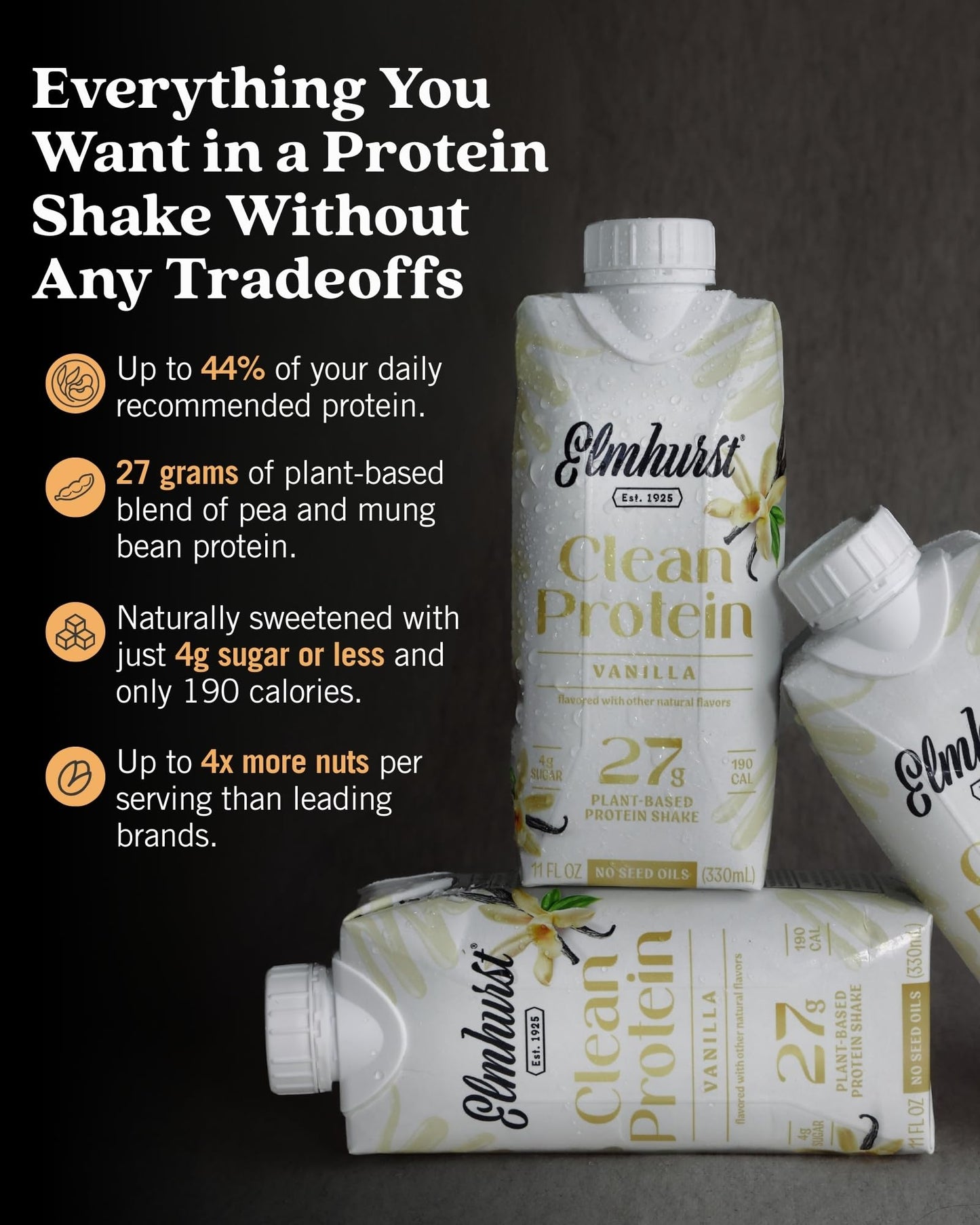 Elmhurst 1925 Sea Salt Chocolate Vegan Protein Shakes, 11 Ounce (12-Pack)