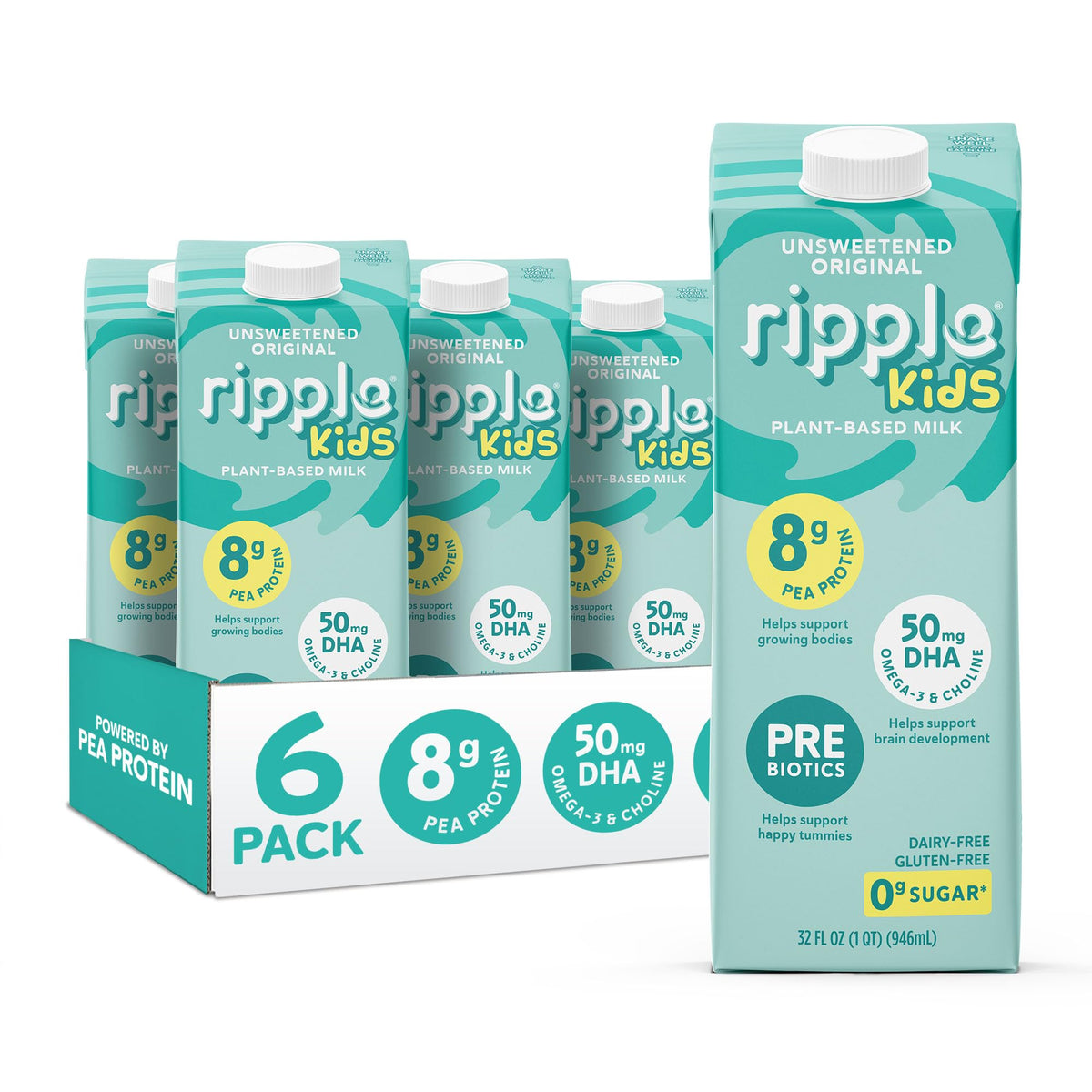 Ripple Kids Original Plant-Based Milk, 32 Fl Oz Cartons (Pack of 6)