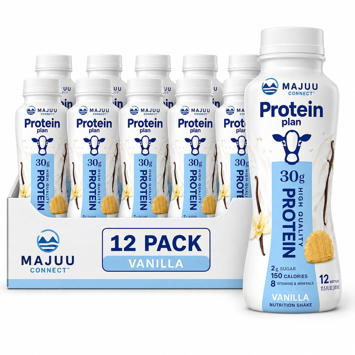 High Protein Chocolate Nutrition Shake - 30g Protein Per Botle |12 Pack (11.5 Fl Oz) Only 2g Sugar &150 Calories| Enriched With 8 Naturally Occouring Vitamins &Minerals | Ready-to-Drink Meal Replacement BY MAJUU CONNECT