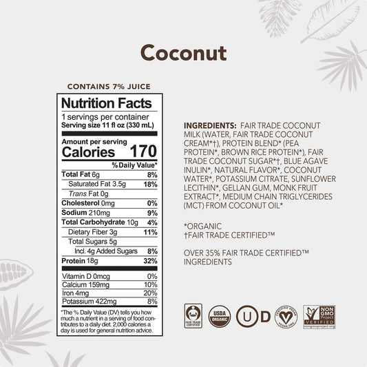 ALOHA Organic Plant-Based Protein Drink – Coconut Flavor | 18g Protein, 5g Sugar, 3g Fiber | Made with Creamy Coconut Milk, Fair Trade Certified, No Stevia | Vegan, Non-GMO, Gluten-Free, 11 fl oz (12 Pack)
