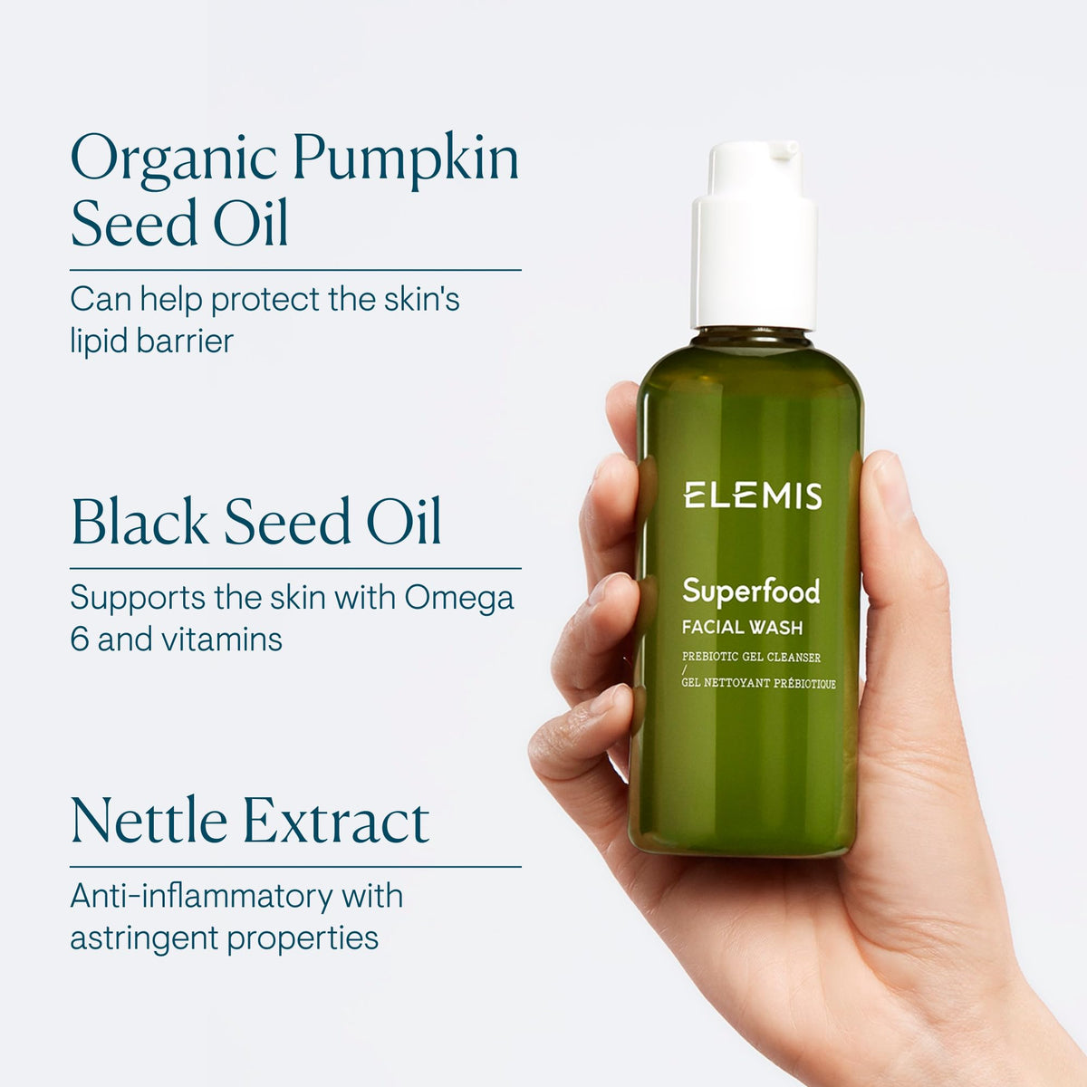 ELEMIS Superfood Facial Wash 200ml, Daily Gel Cleanser with Prebiotics for Glowing, Balanced Skin, Hydrating Cleanser for Face