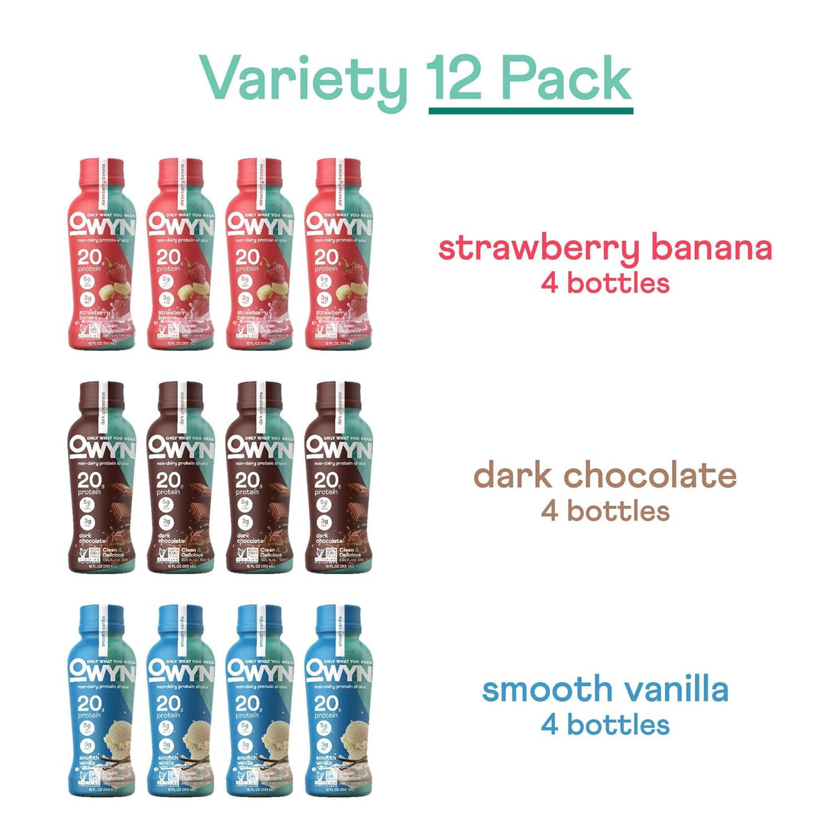 OWYN Only What You Need 20g Protein Shake Variety Pack, Dairy Free, 12 Ct | Strawberry Banana, Dark Chocolate, Smooth Vanilla, 20g Protein, 4g Sugar, Plant Protein, Gluten Free, 12fl oz Bottles