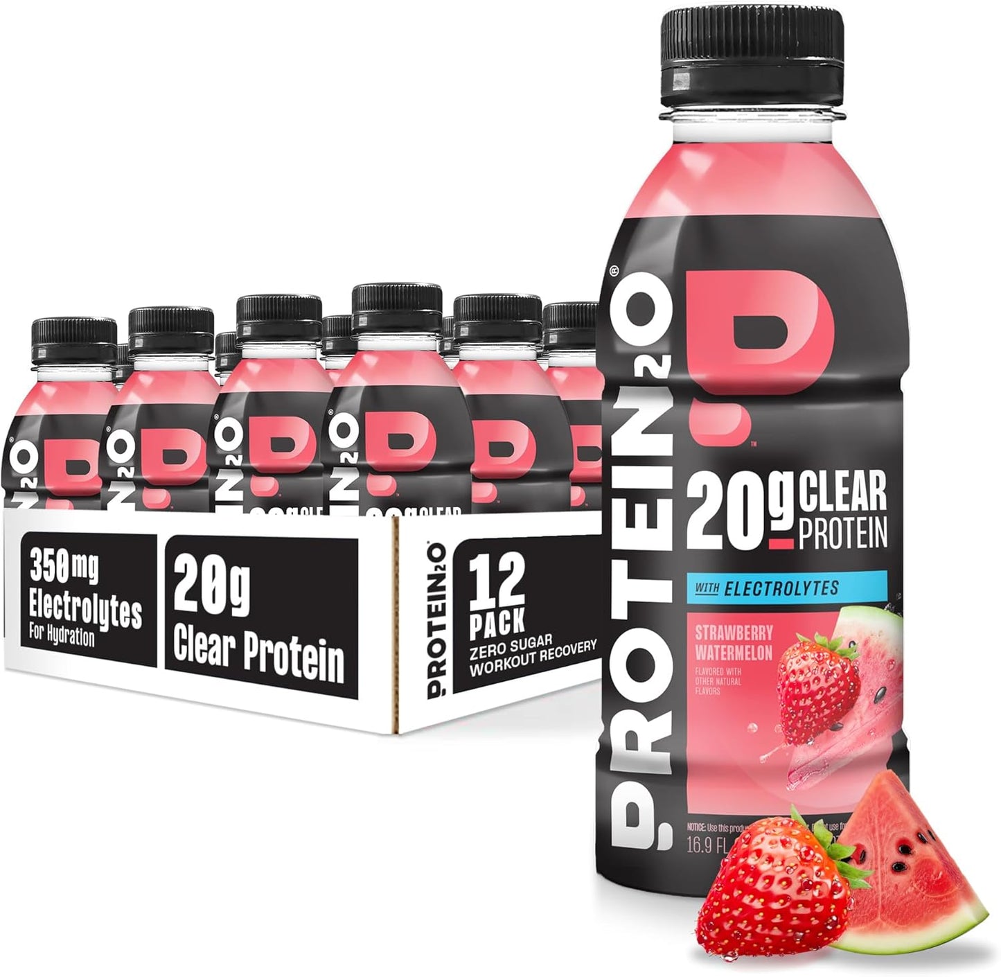 Protein2o Hydration Drink - 2-in-1 Liquid Clear Whey Protein Isolate and Electrolyte Drink - 20g Protein, Vitamins B5, B6 - Post-Workout Recovery - 16.9 Fl Oz - 12 Count Mixed Berry