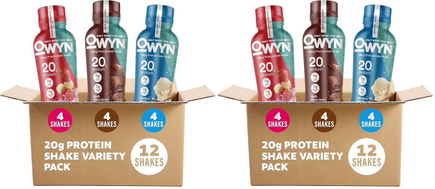 OWYN Only What You Need 20g Protein Shake Variety Pack, Dairy Free, 12 Ct | Strawberry Banana, Dark Chocolate, Smooth Vanilla, 20g Protein, 4g Sugar, Plant Protein, Gluten Free, 12fl oz Bottles