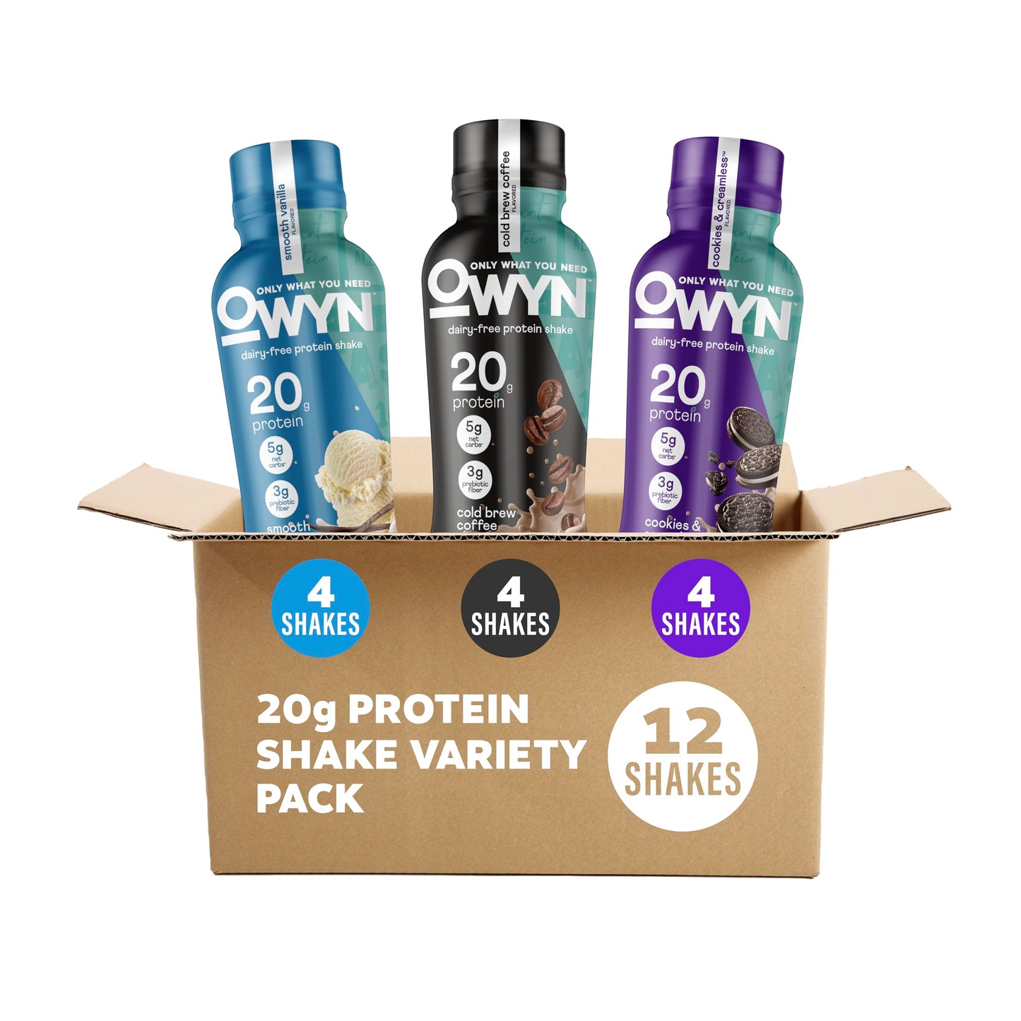 OWYN Only What You Need 20g Protein Shake Variety Pack, Dairy Free, 12 Ct | Strawberry Banana, Dark Chocolate, Smooth Vanilla, 20g Protein, 4g Sugar, Plant Protein, Gluten Free, 12fl oz Bottles