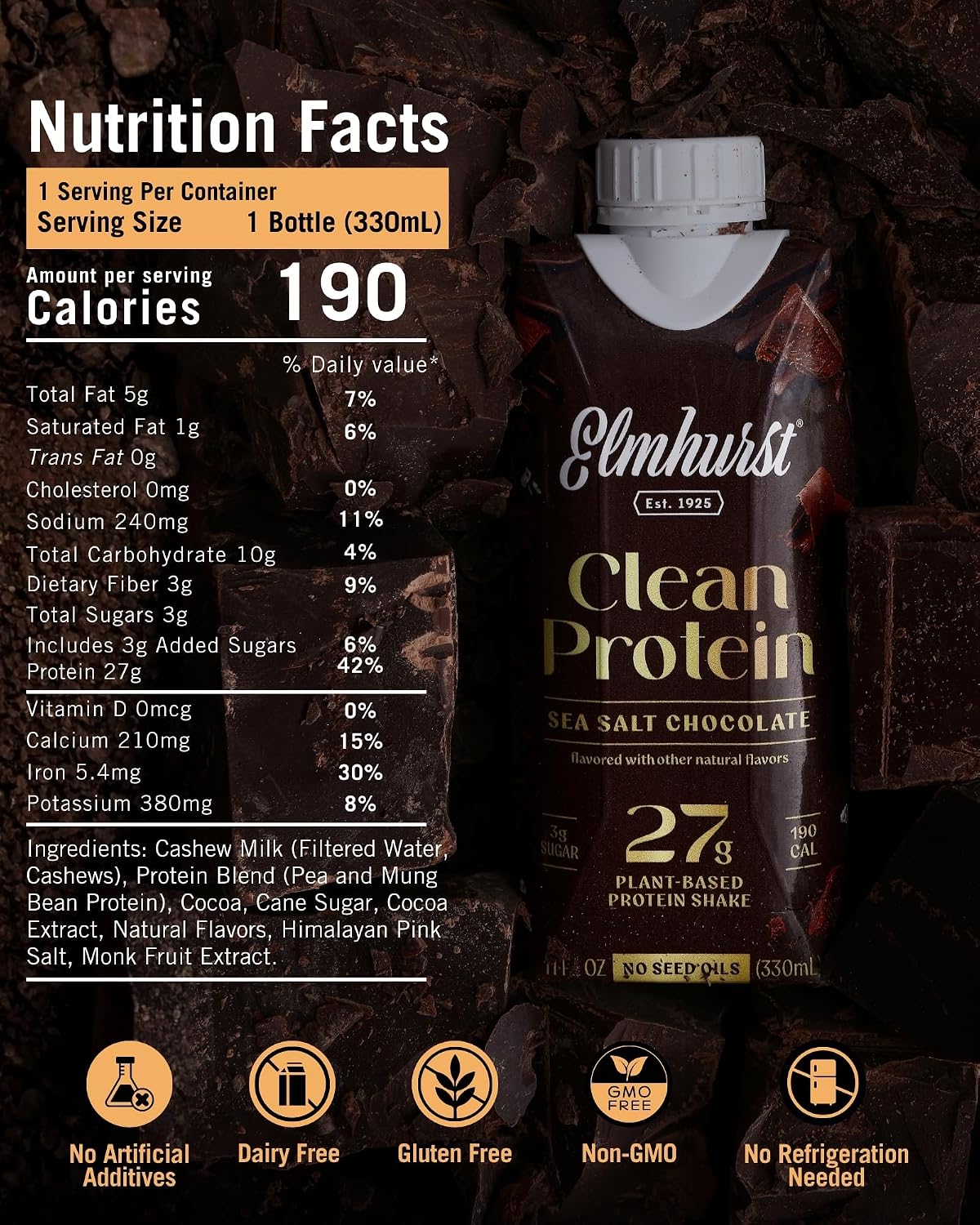 Elmhurst 1925 Sea Salt Chocolate Vegan Protein Shakes, 11 Ounce (12-Pack)