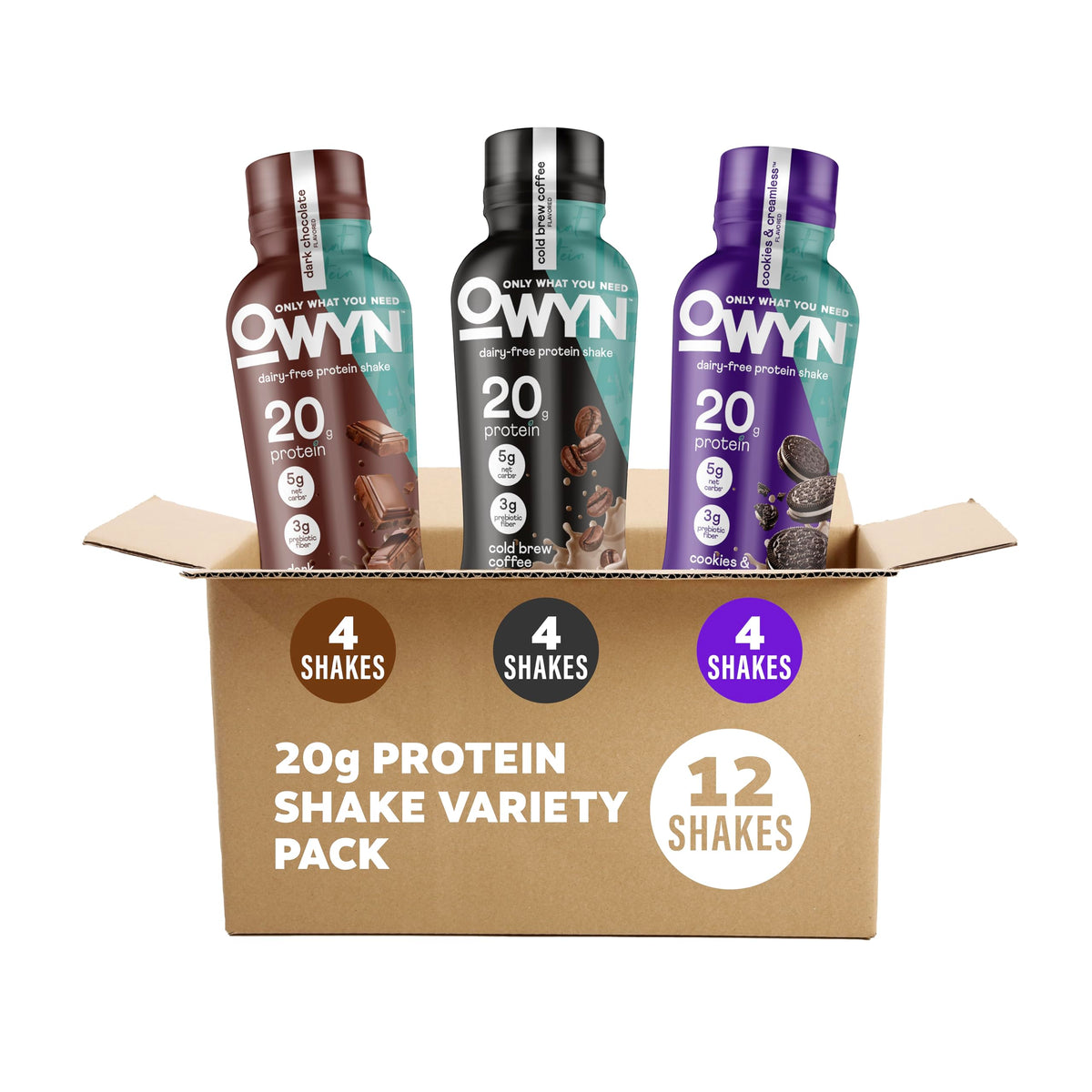 OWYN Only What You Need 20g Protein Shake Variety Pack, Dairy Free, 12 Ct | Strawberry Banana, Dark Chocolate, Smooth Vanilla, 20g Protein, 4g Sugar, Plant Protein, Gluten Free, 12fl oz Bottles