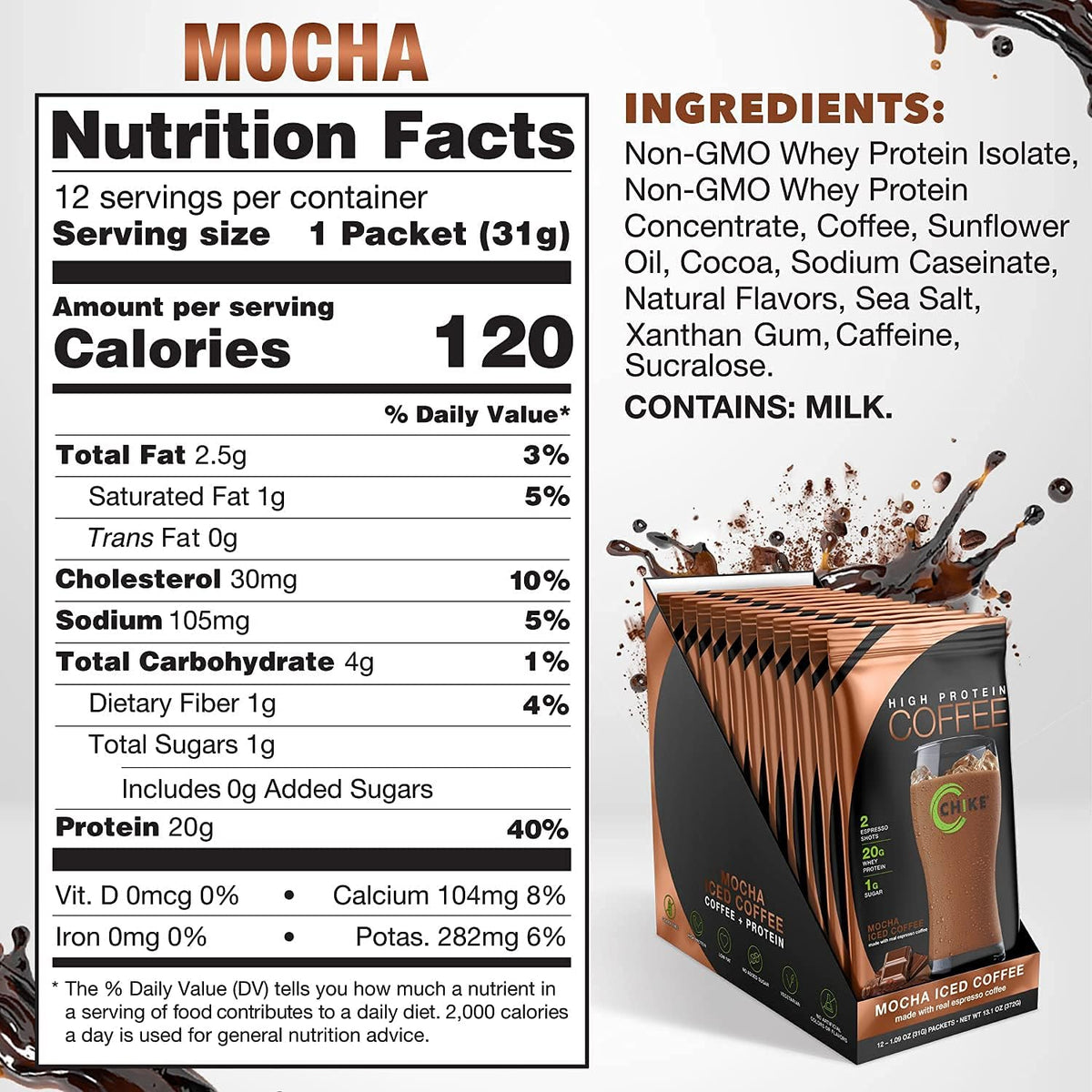 Chike High Protein Iced Coffee, 12 Single Serving Packets (Mocha)