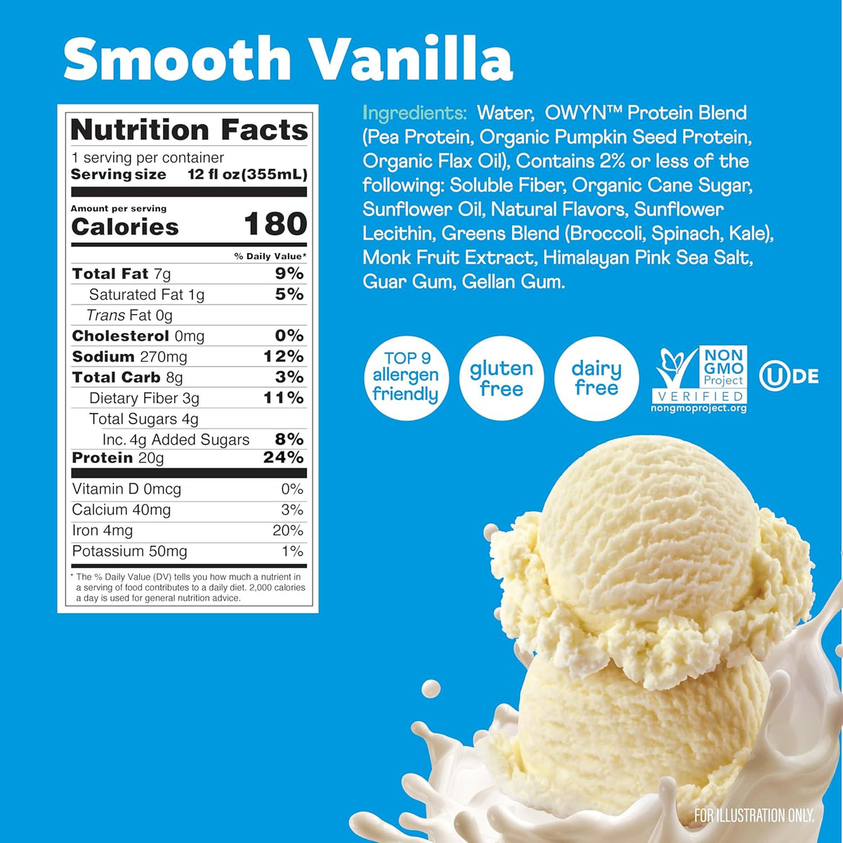 OWYN Only What You Need Smooth Vanilla Flavored 20g Protein Shake, 12 Ct