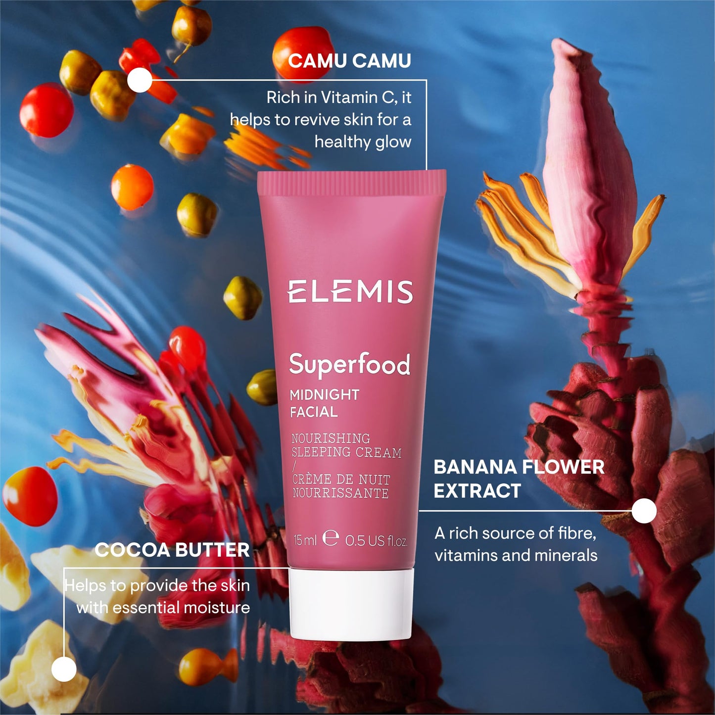 ELEMIS Superfood Midnight Facial - Lightweight Overnight Facial Cream, Prebiotic-Infused Hydrating Gel, Camu Camu Moisturizer, Omega Rich Night Cream -Travel Size, 15ml