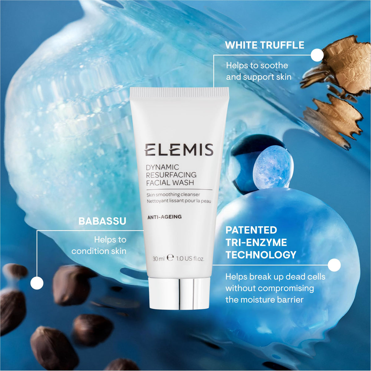 ELEMIS Dynamic Resurfacing Facial Wash - Gentle Travel Size Daily Gel Cleanser - Enzyme-Powered Skin Refining Formula - Sensitive Skin Friendly - 30ml