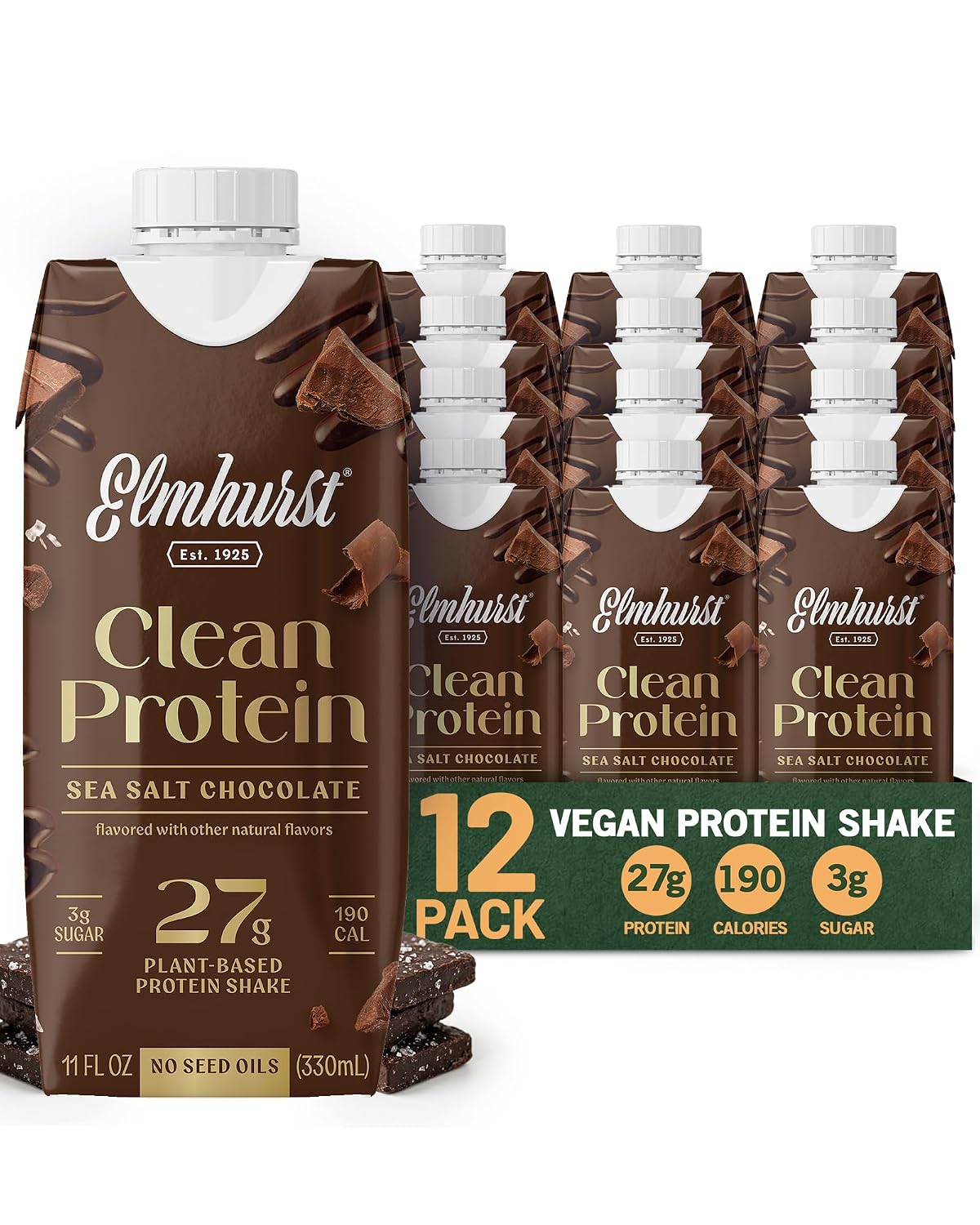 Elmhurst 1925 Sea Salt Chocolate Vegan Protein Shakes, 11 Ounce (12-Pack)