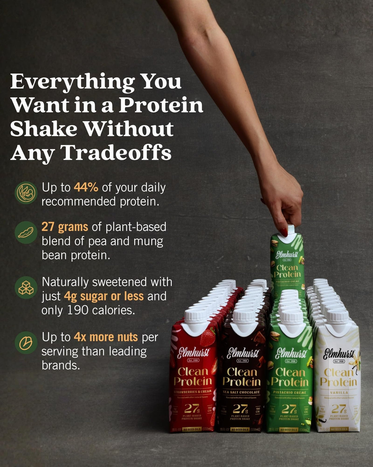 Elmhurst 1925 Sea Salt Chocolate Vegan Protein Shakes, 11 Ounce (12-Pack)