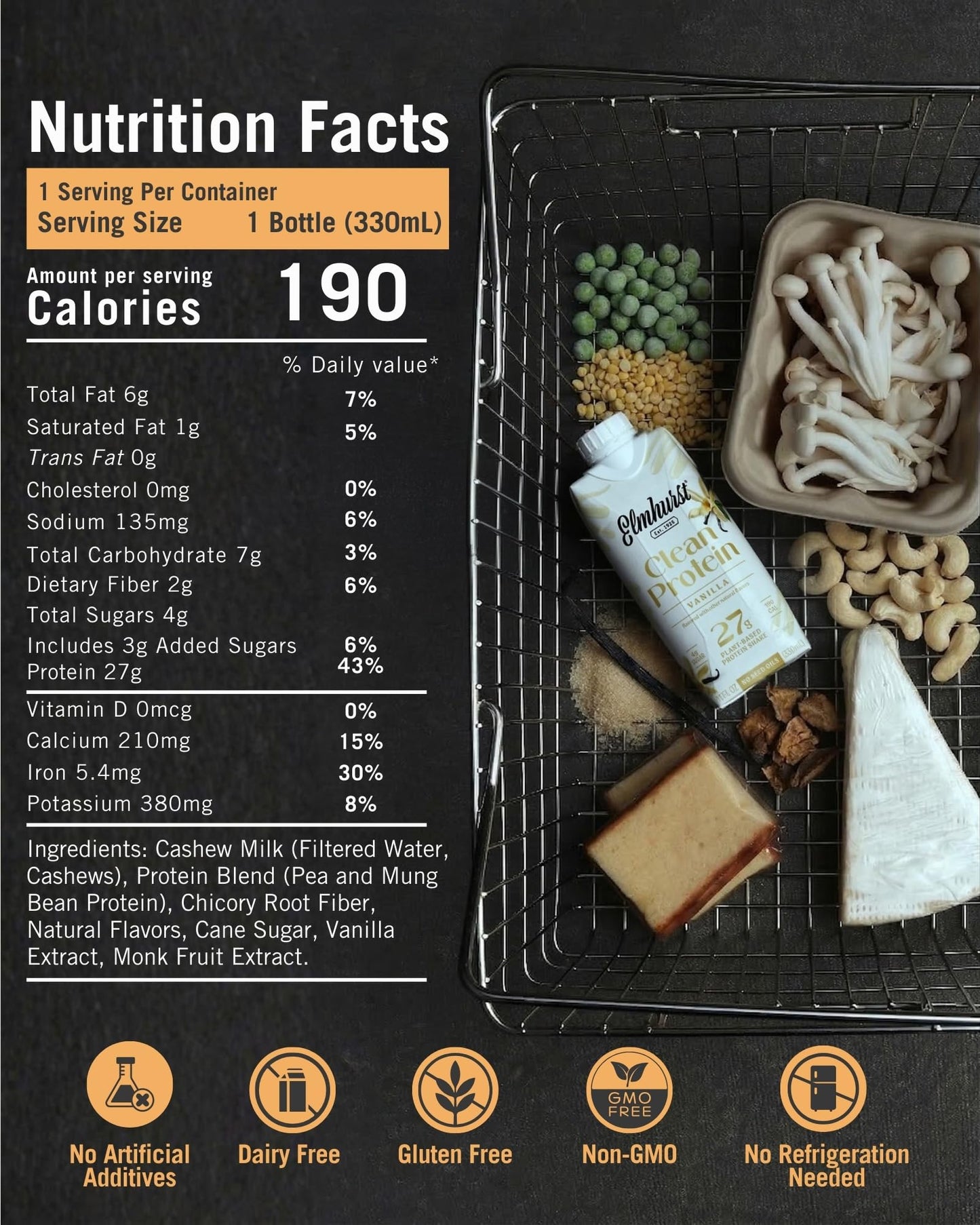 Elmhurst 1925 Sea Salt Chocolate Vegan Protein Shakes, 11 Ounce (12-Pack)