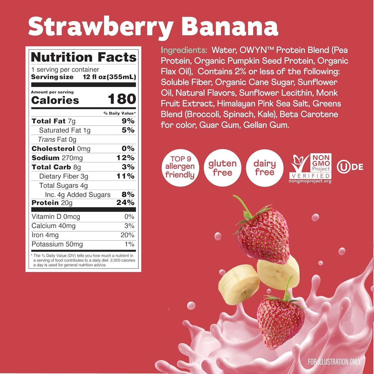 OWYN Only What You Need 20g Protein Shake Variety Pack, Dairy Free, 12 Ct | Strawberry Banana, Dark Chocolate, Smooth Vanilla, 20g Protein, 4g Sugar, Plant Protein, Gluten Free, 12fl oz Bottles
